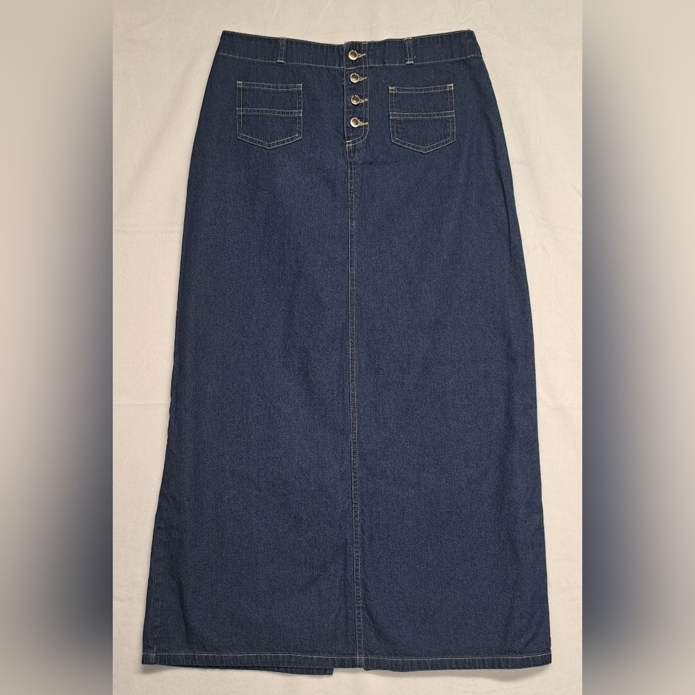 Route 66 Blue Denim Jean Skirt Maxi Button Fly Pockets Cotton 7/8